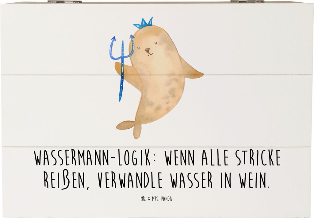 Mr. & Mrs. Panda Holztruhe Wassermann Logik 22 x 15 cm - Weiß - Geschenk, Geschenke Sternzeichen, Humor, Box, Schatulle, fotobox, Einfallsreichtum...