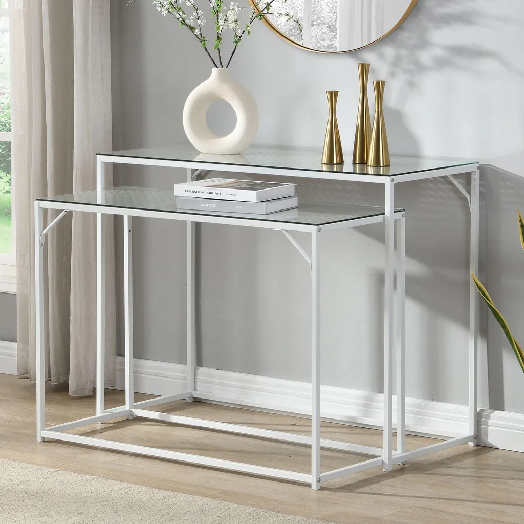 Ensemble de 2 tables de rangement étroites métal blanc pour petit salon