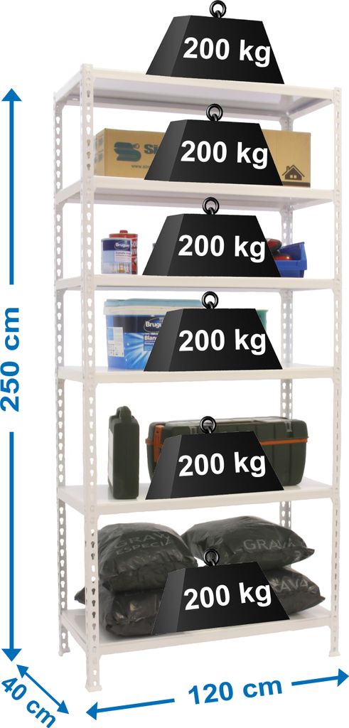 Schwerlastregal GIANT METAL SHARK | HxBxT 250x120x40cm | Fachlast 200kg | Weiß