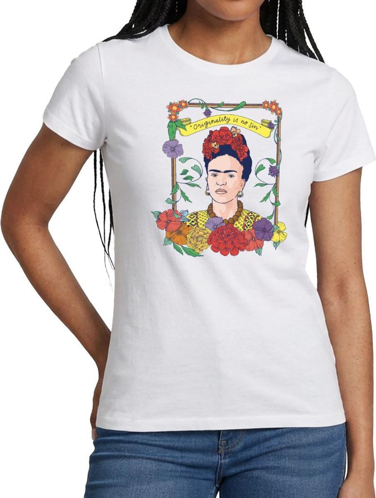Spreadshirt Frida Kahlo Mit Rahmen Aus Bunten Blumen Frauen T-Shirt, L, Weiß