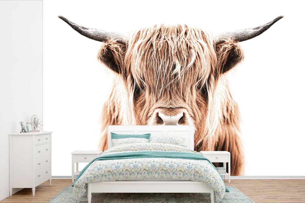 MuchoWow Fototapete für Wohnzimmer oder Schlafzimmer Wandtapete Vinyl Motivtapete Schottischer Highlander - Kuh - Stier - 390x260 cm - Papiertapete