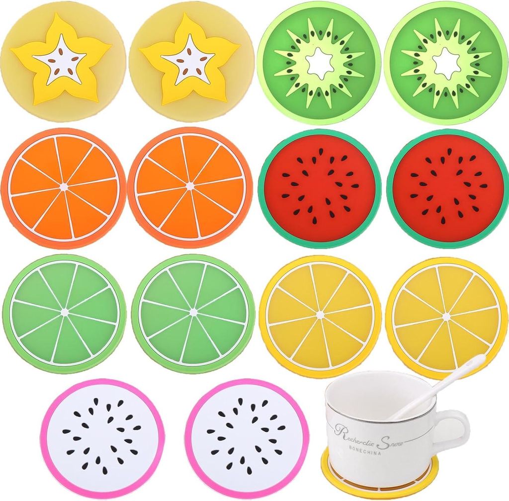 Set von 14 gummierten Obstuntersetzern - Zitronen-Design - Rutschfest und isoliert - Dekorativ für Tassen, Tische, Bars und Gläser