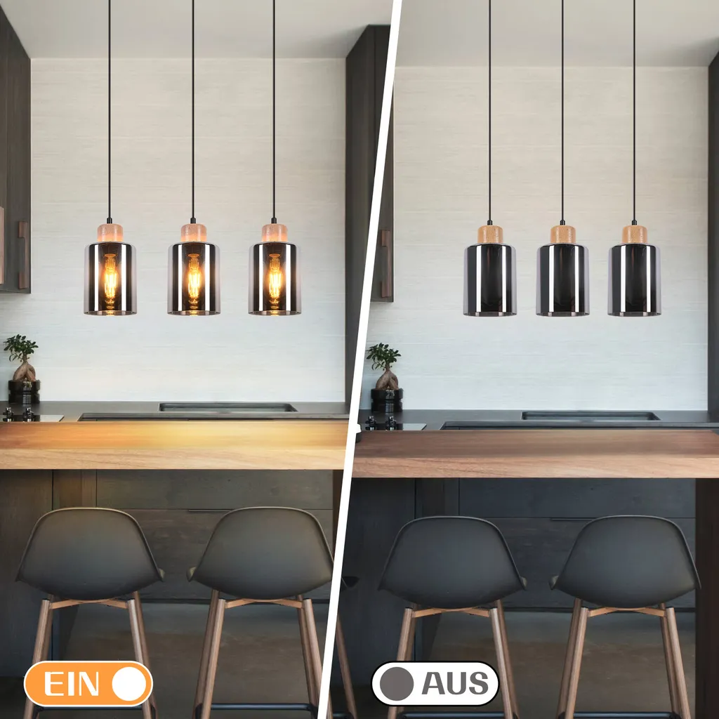Suspension Bois Réglable pour Table à Manger : Éclairage Rétro 3 E27 - 3