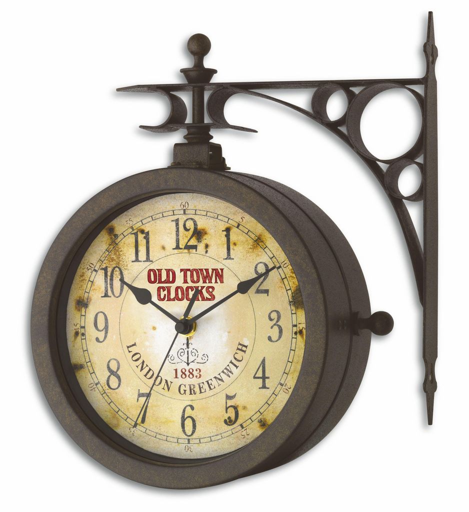 A double-sided antique-style wall clock mounted on a decorative metal bracket.