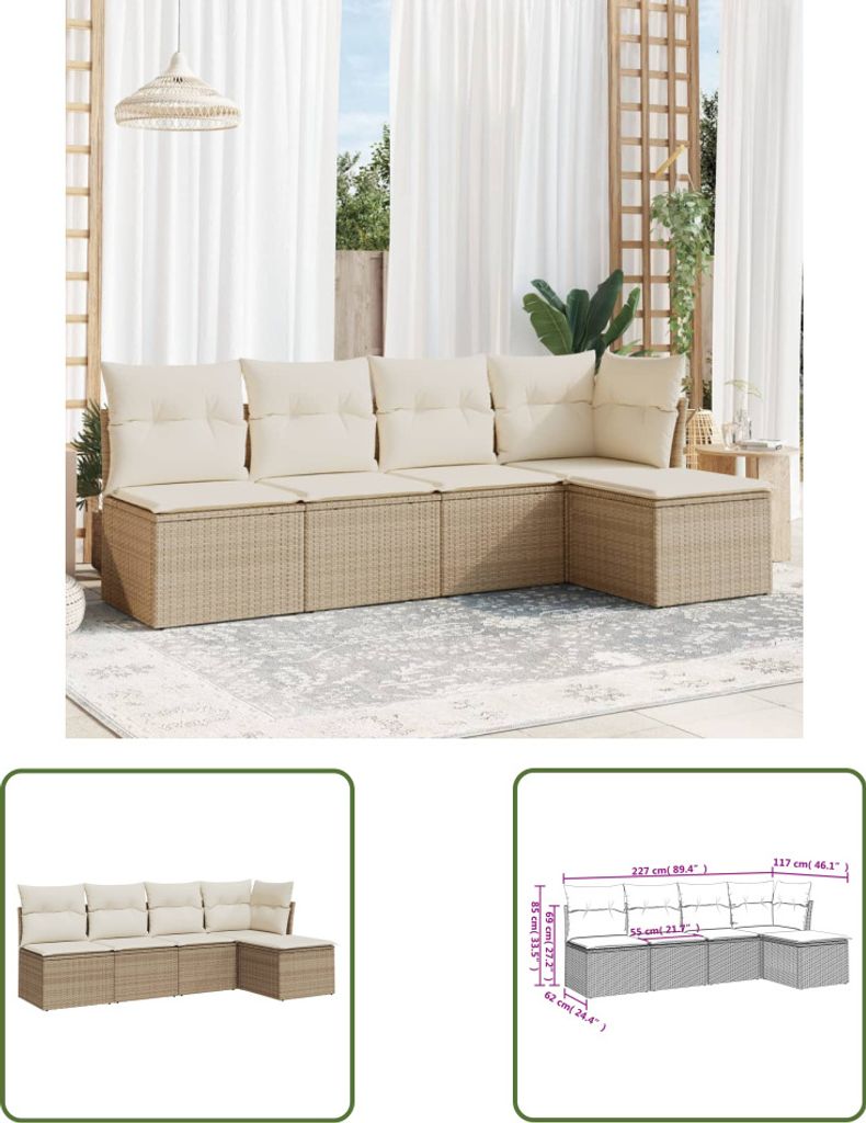 The Living Store 5-tlg. Garten-Sofagarnitur mit Kissen Beige Poly Rattan