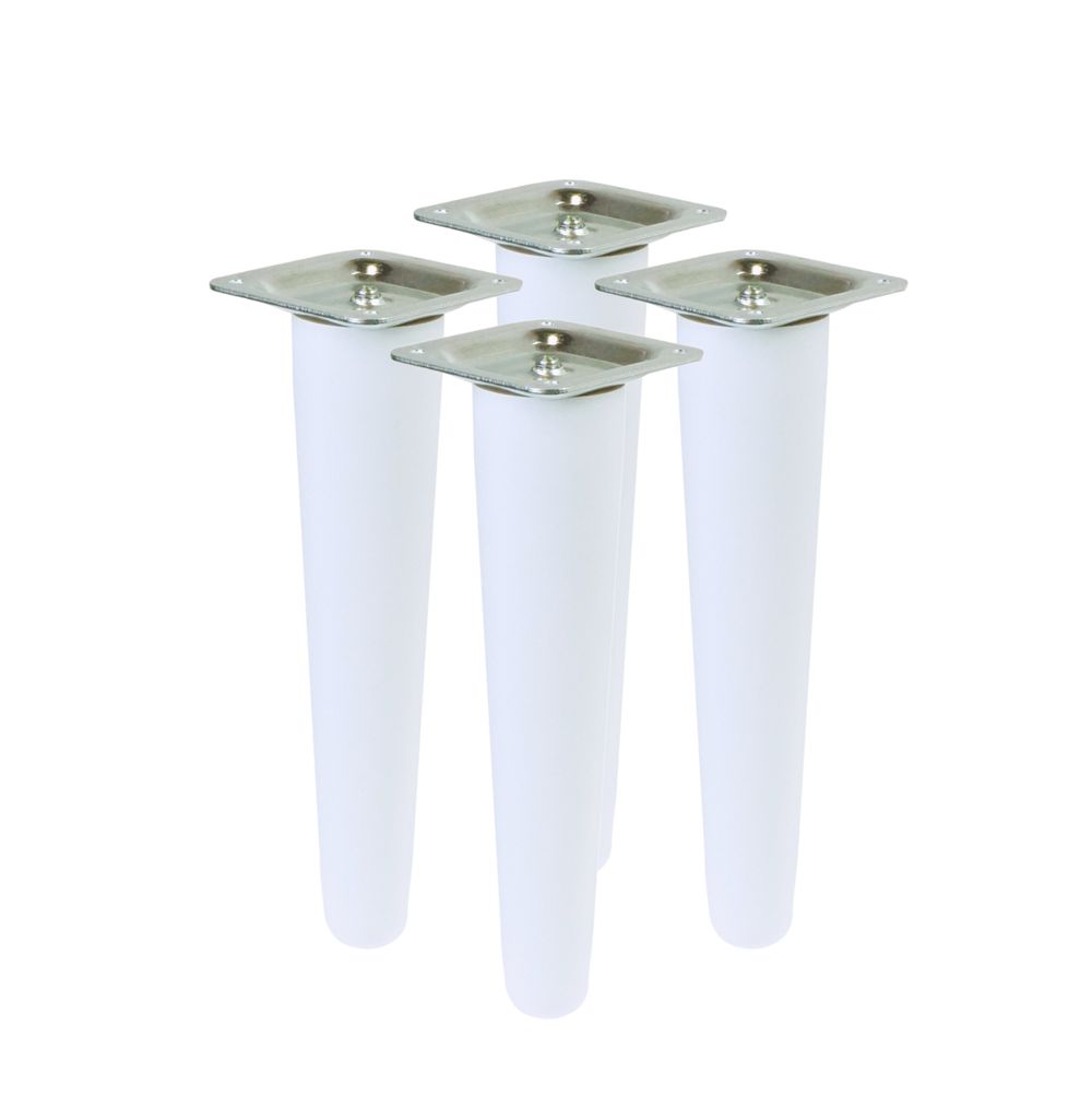 Four white furniture legs with silver mounting plates are arranged in a group on a white background.