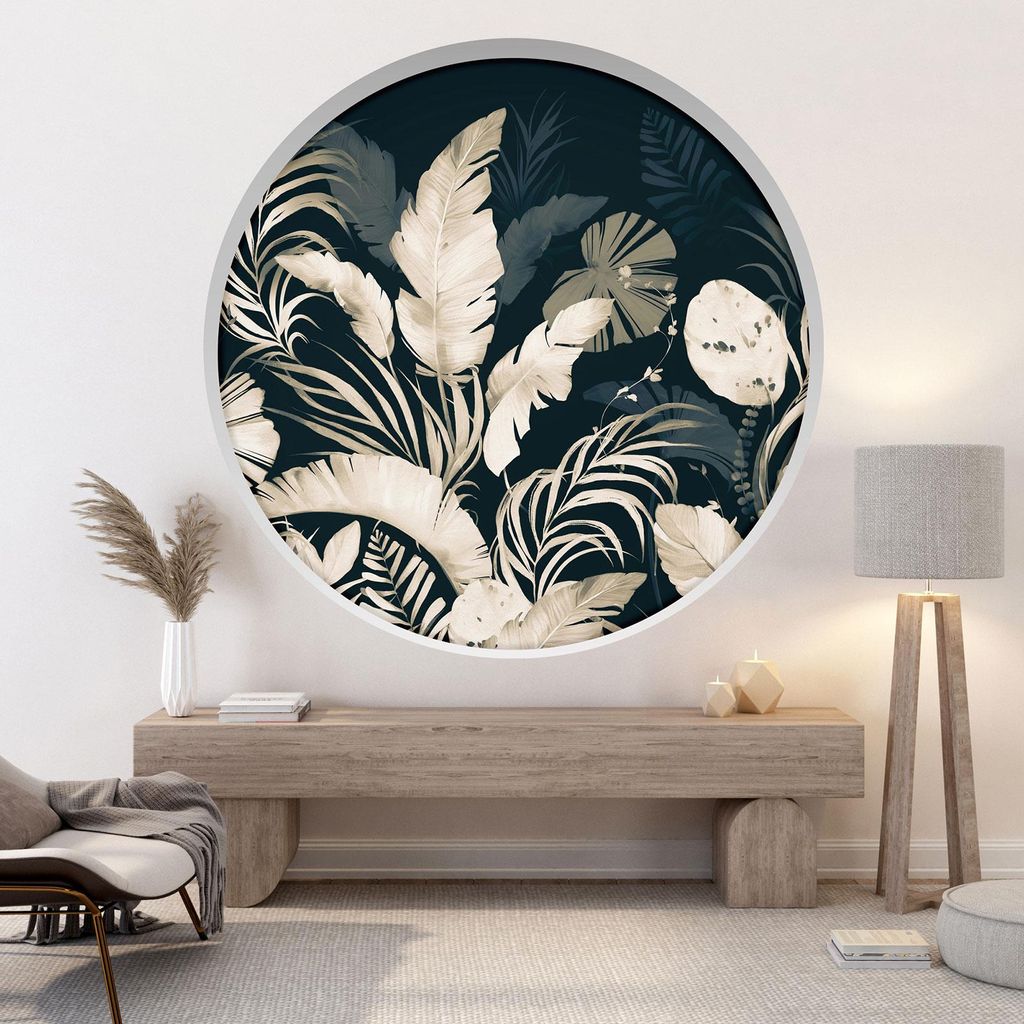 Trompe-l'œil-Aufkleber Runde Bogen - Lumaléa - Tropische Blumen - Durchmesser 90 cm