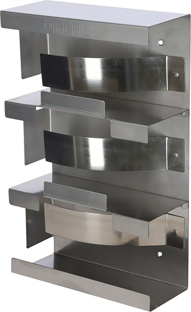 A stainless steel wall-mounted holder with three shelves, designed for storing gloves.