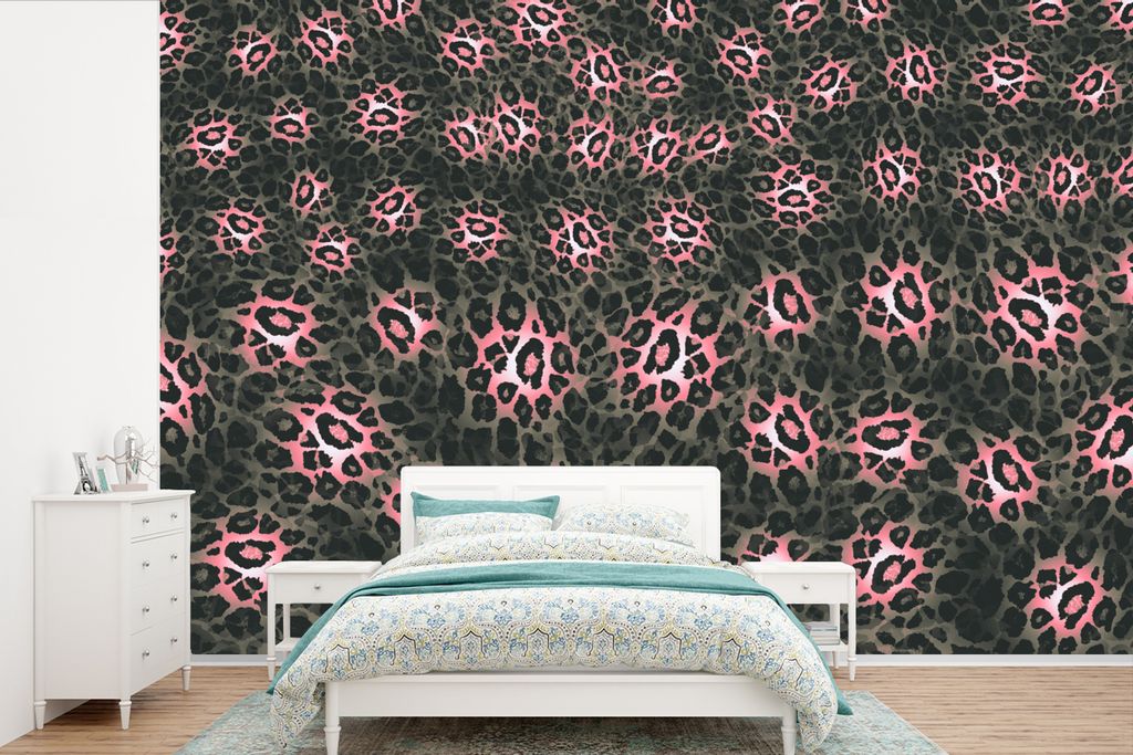 MuchoWow Fototapete für Wohnzimmer oder Schlafzimmer Wandtapete Vinyl Motivtapete Leopardenmuster - Rosa - Grau - Tiere - 525x350 cm - Das Hinte...