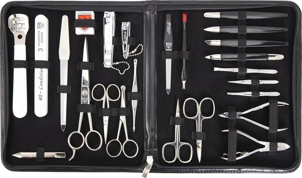 Maniküre-Set - 7-teiliges MEGA Nagelset 'Varese' - schwarzes Kunstleder - Nagelschere - Nagelzange - Haarschere - Nagelknipser