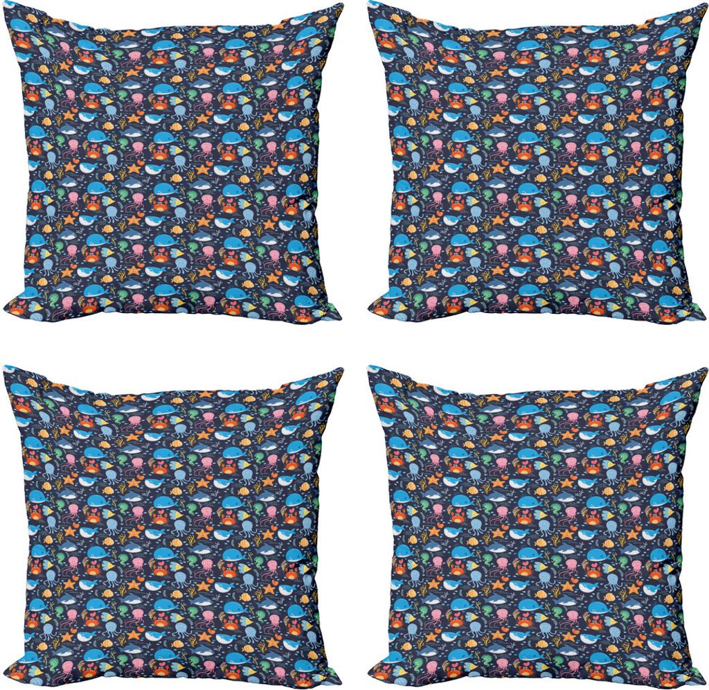 ABAKUHAUS Marine Kissenbezug Set (4 Stück), Lustige Ozean Tiere, Moderner Doppelseitiger Digitaldruck, 60 cm x 60 cm, Mehrfarbig