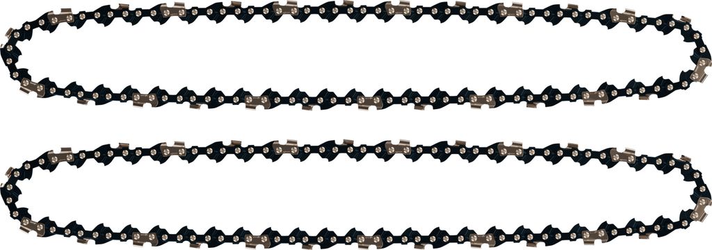 Two chainsaw chains are laid out on a white background.