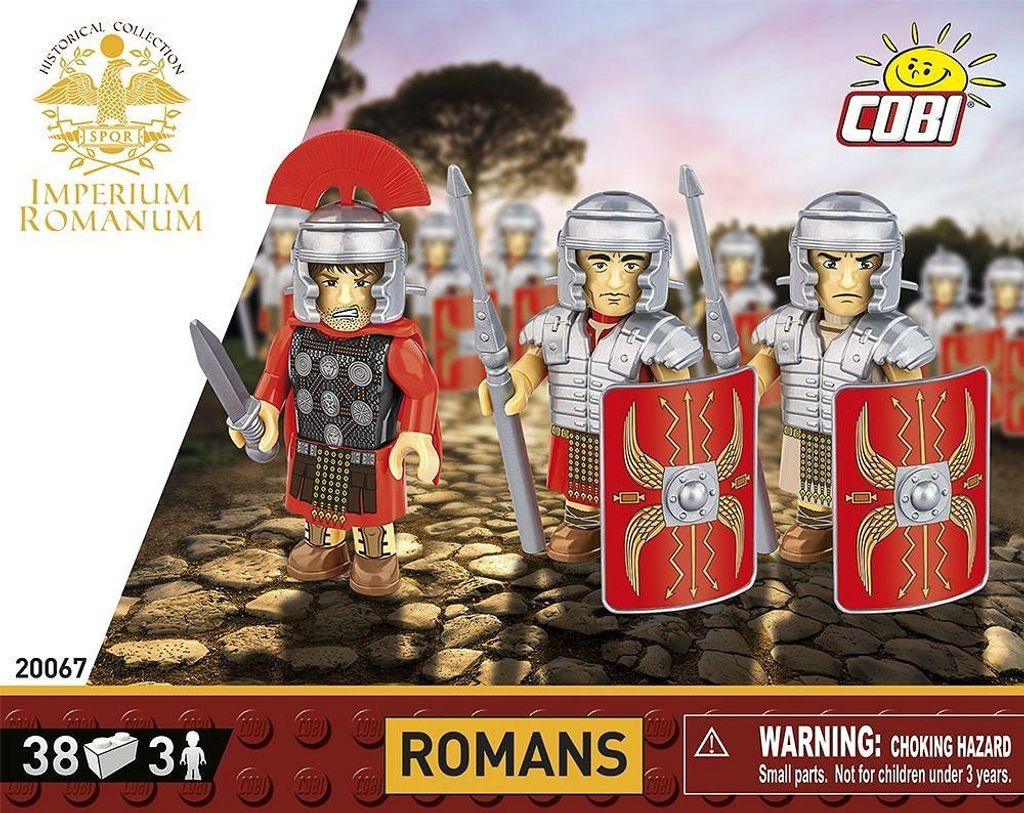 A group of toy Roman soldiers standing on a cobblestone path with a sunset sky in the background.