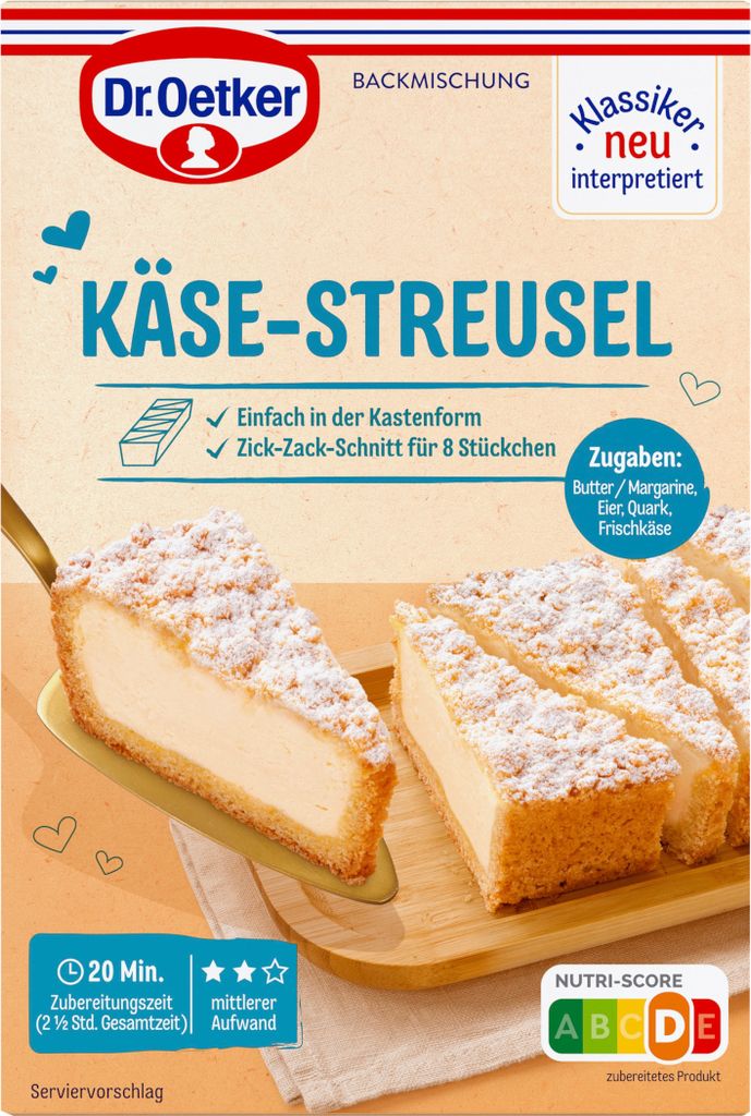 A product package for a cake mix, featuring images of the finished cake.