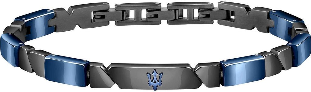 A bracelet with black and blue links, featuring a trident logo.