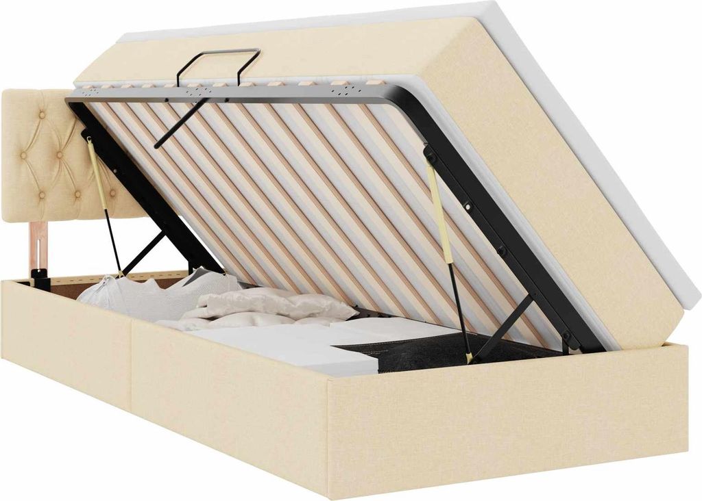 vidaXL Bett mit Stauraum und LED mit Matratze Creme 90 x 190 cm Stoff