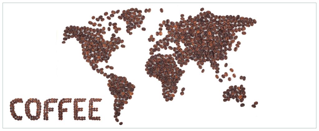 Wallario Premium Glasbild, freischwebende Optik, kräftige Farben, Größe 80 x 32 cm Motiv Weltkarte mit Schriftzug aus Kaffeebohnen