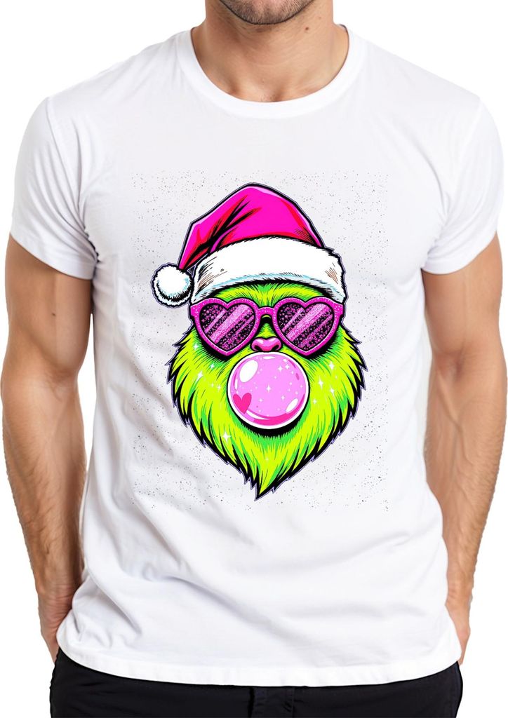 Grinch Weihnachten Bubblegum Herzbrille Neon Kawaii Santa PopArt Herren T-Shirt, Weiß, XL