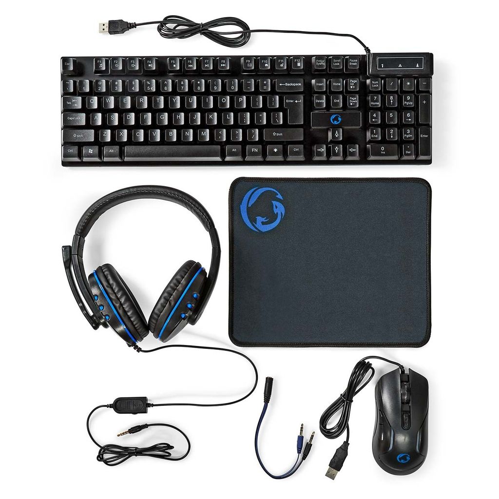 Nedis Gaming Combo Kit - 5-in-1 - Tastatur, Headset, Maus und Mauspad - Schwarz - QWERTY - US-Layout