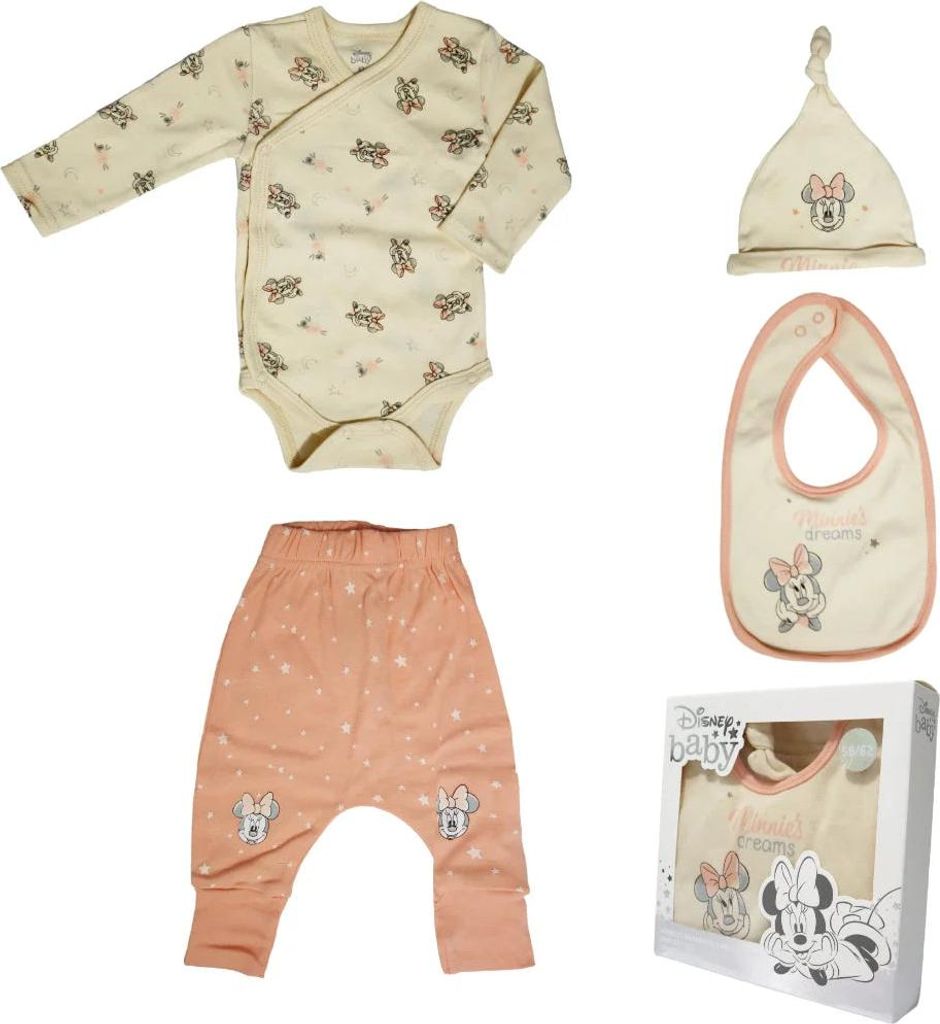 Disney Minnie Maus Baby 4 tlg Set Body Hose Lätzchen Mütze – Mehrfarbig / 56/62