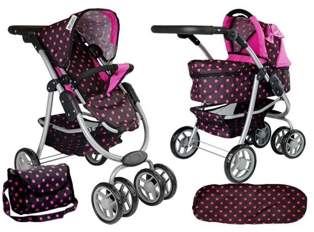 Leantoys 2-in-1 Kinderwagen mit Tasche schwarz und rosa