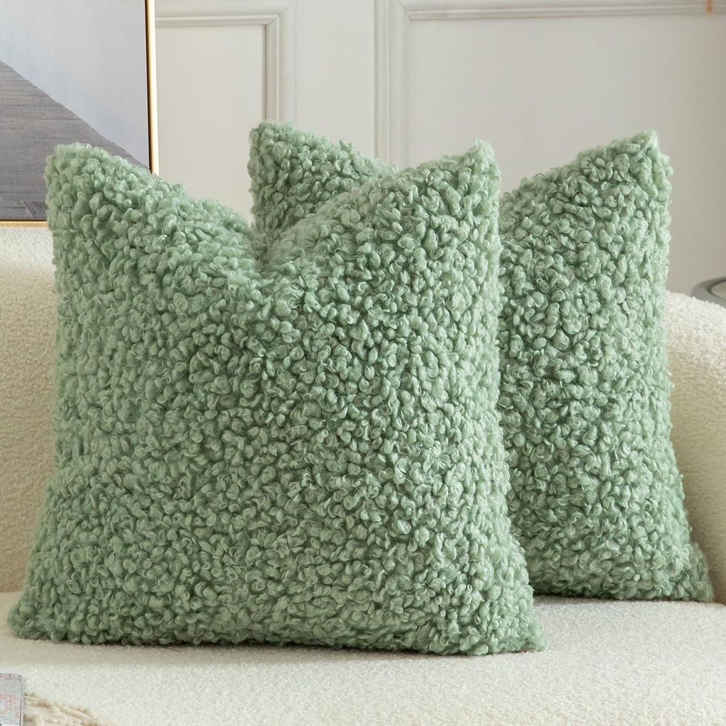 Set mit 2 Kissenbezügen aus Teddyfell-Imitat-Bouclé-Plüsch, dekorative Kissenbezüge für Schlaf- oder Wohnzimmer, 55 x 55 cm, Salbeigrün
