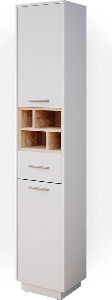 A tall, narrow white cabinet with wooden shelves and drawers, shown against a white background.