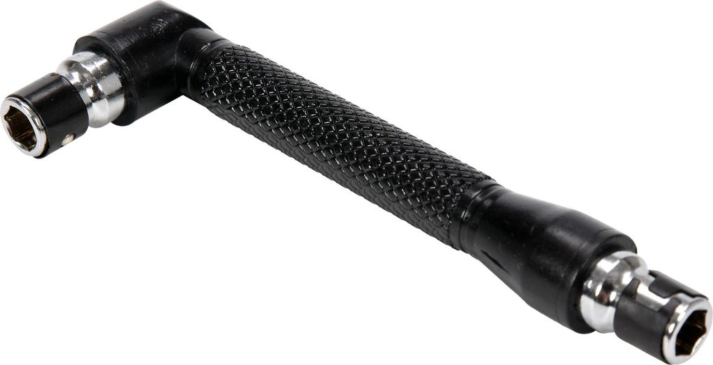 A black and silver L-shaped wrench with a hexagonal socket on each end, shown against a white background.