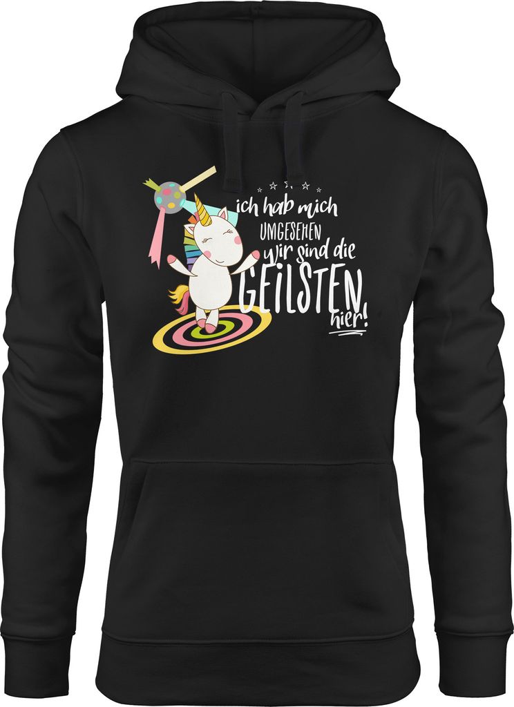 Damen Kapuzen-Pullover Ich hab mich umgesehen wir sind die geilsten hier Einhorn Party Disco Moonworks schwarz XL