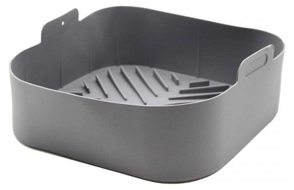 A gray silicone insert for an air fryer.