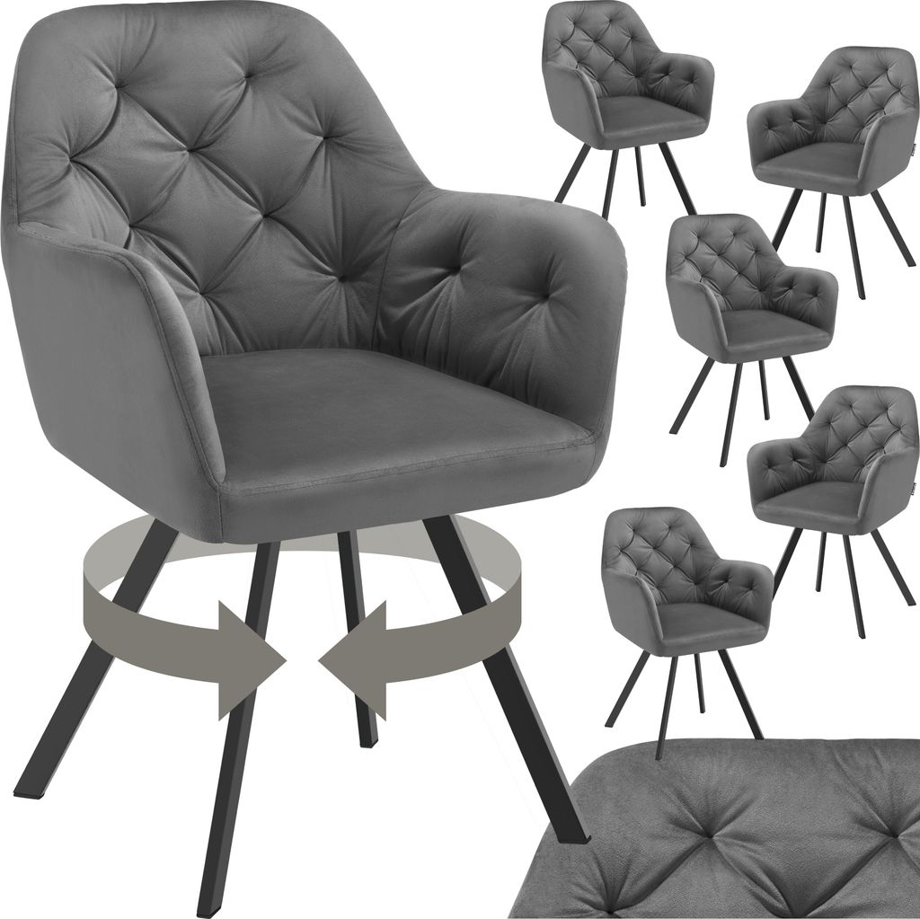 A collage of gray velvet armchairs with tufted detailing and black metal legs. One armchair is shown from the front with rotational arrows indicating it can swivel. The other chairs are shown from different angles.