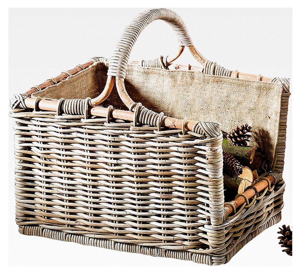 Rattan-Holztrage | 50x38x47 cm | grau | stabiler Kaminholzkorb mit Griff und Stoffeinsatz | geflochtener Holzkorb für Brennholz, Kaminholz und Feu...