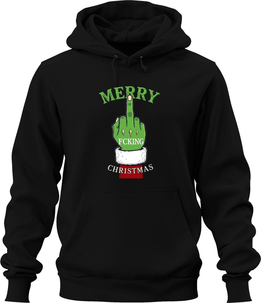 Merry Fcking Christmas Grinch Mittelfinger frech lustig böse Uni Hoodie Kapuzenpullover, Schwarz, M