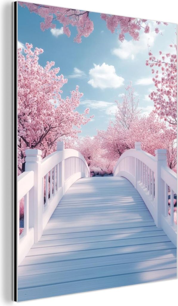 MuchoWow Wanddekoration Metall Metallbild Wandkunst 60x80 cm Brücke - Kirschbäume - Weiß MuchoWow Aluminium Gemälde - Wanddekoration Metall