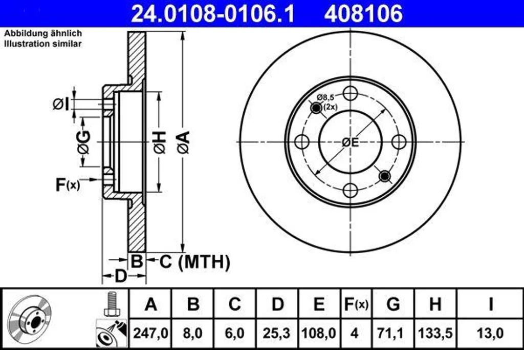 Disque de frein ATE 24.0108-0106.1 pour Saxo Xsara ZX 106 et 206
