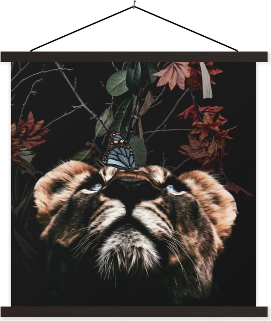 MuchoWow Textilposter Tiger - Blumen - Schmetterling 120x120 cm mit schwarzem Rahmen - Aufhängungsset