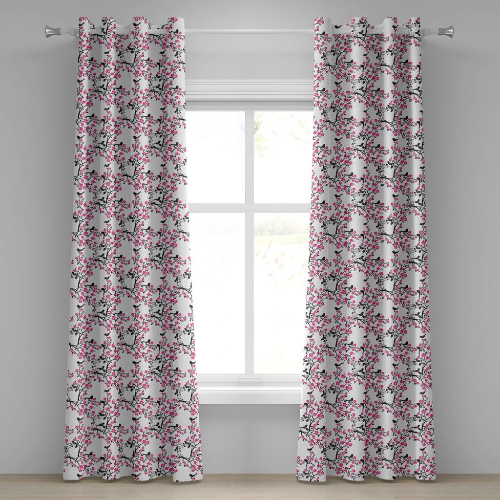 ABAKUHAUS Kirschblüte Ösenvorhang, Sakura Tree mit blühenden Blumen und Vögel Black Silhouettes, Dekorative 2-Panel-Fenstervorhänge, 280 cm x ...