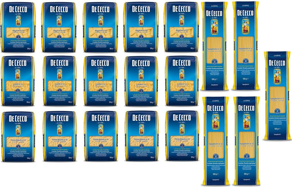 TESTPAKET De Cecco italienisch Pasta ( 20 x 500g ) 4 Arten von Nudeln Penne Rigate - Fusilli - Spaghetti - Rigatoni