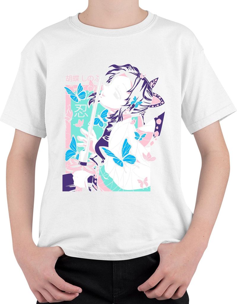 Demon Slayer 胡蝶しのぶ Shinobu Kocho Schmetterling Katana Anime Uni Kinder T-Shirt, Weiß, 128