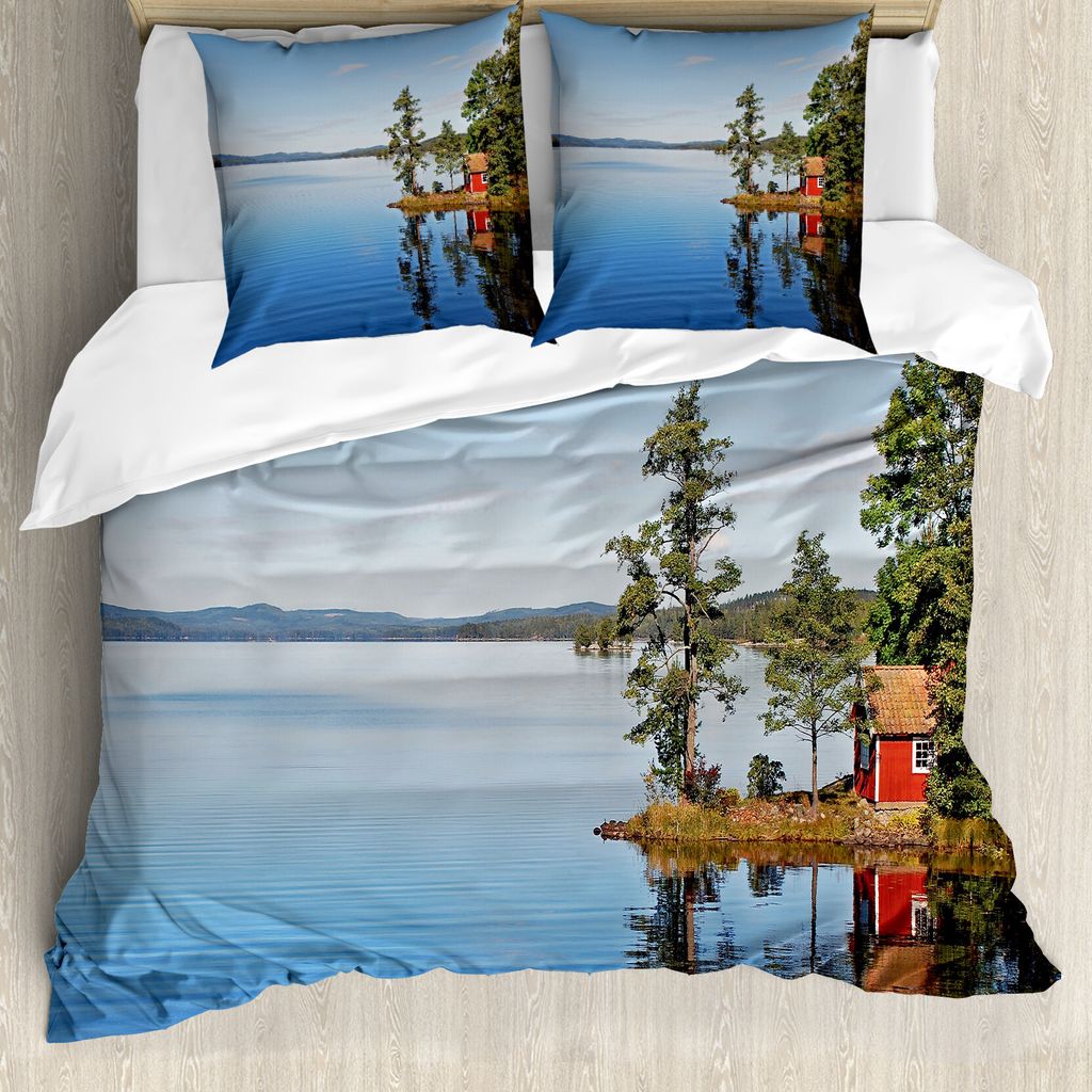 ABAKUHAUS Landschaft Bettbezug, Land Lake House, Milbensicher Allergiker geeignet mit Kissenbezügen, 155 cm x 220 cm - 80 x 80 cm, Mehrfarbig