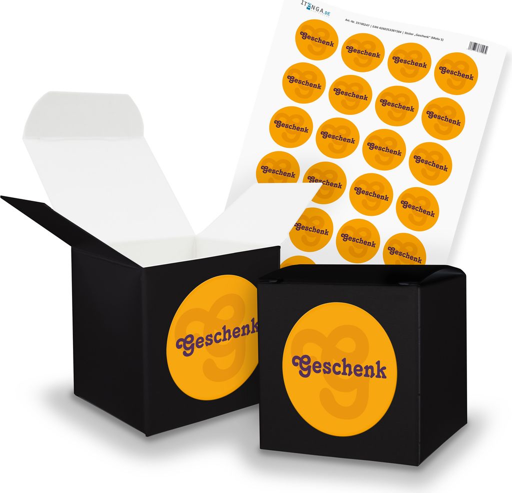 itenga SET Geschenk (Motiv 5) 24x Würfel 6,5cm schwarz + Stickerbogen
