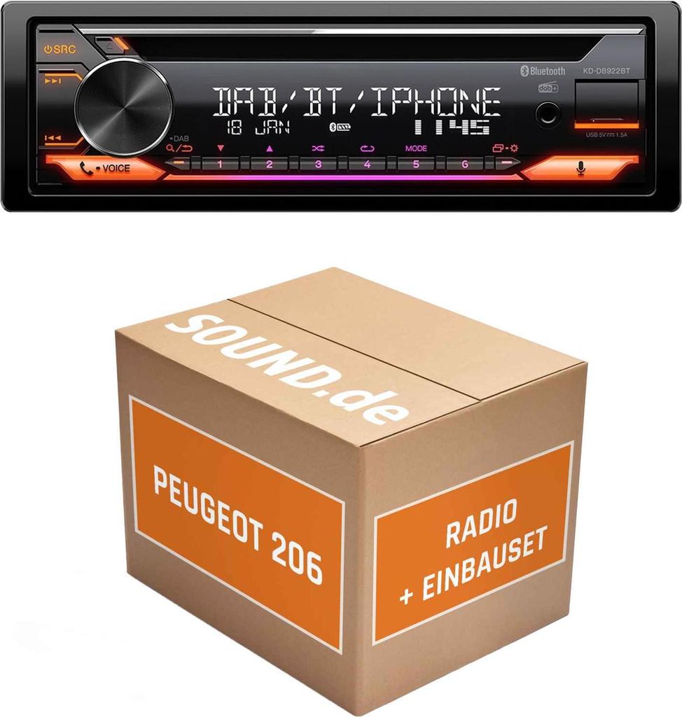 Autoradio Einbaupaket JVC KD-DB922BT passend für Peugeot 206 | Bluetooth Telefonieren Audiostreaming