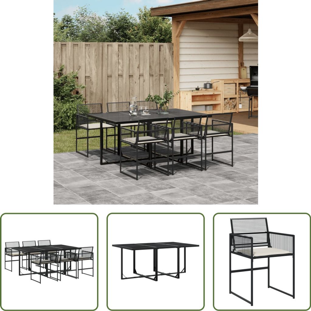 The Living Store 7-tlg. Garten-Essgruppe mit Kissen Schwarz Poly Rattan