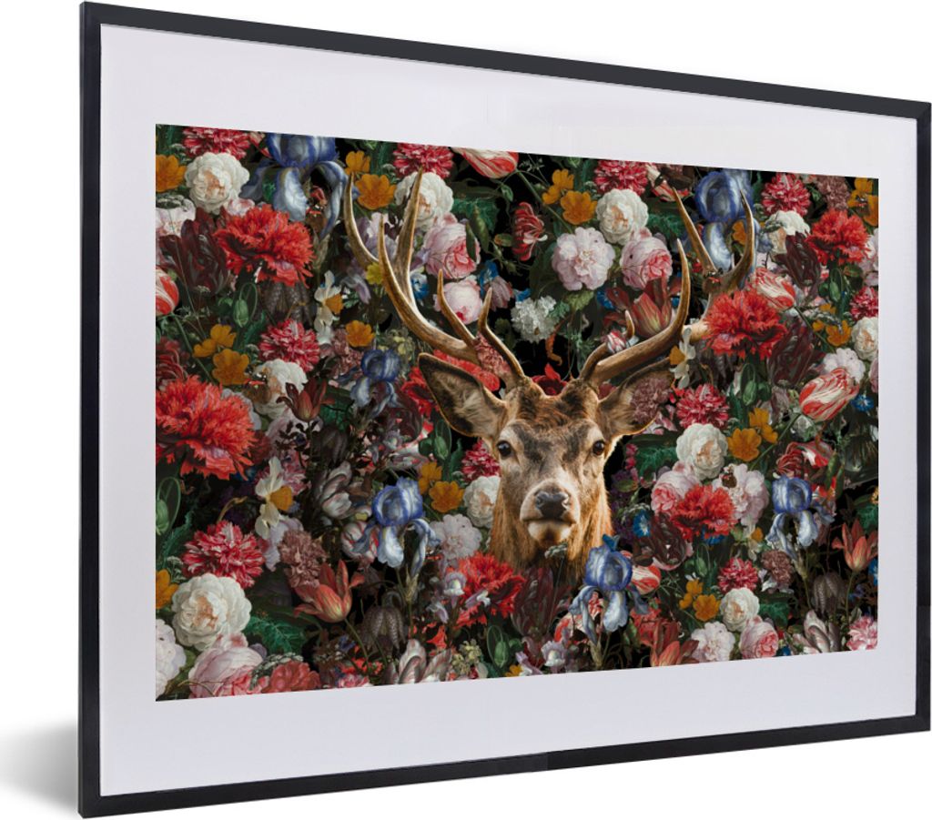 MuchoWow MuchoWow Gerahmtes Poster Hirsche - Geweihe - Blumen 40x30 cm - Poster mit zchwarzem Bilderrahmen - Bilderrahmen - Poster im Rahmen