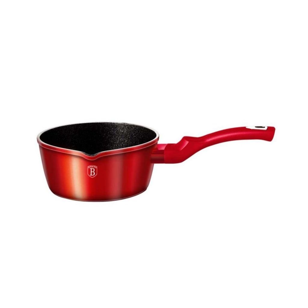 A red saucepan with a black interior and a red handle, shown against a white background.