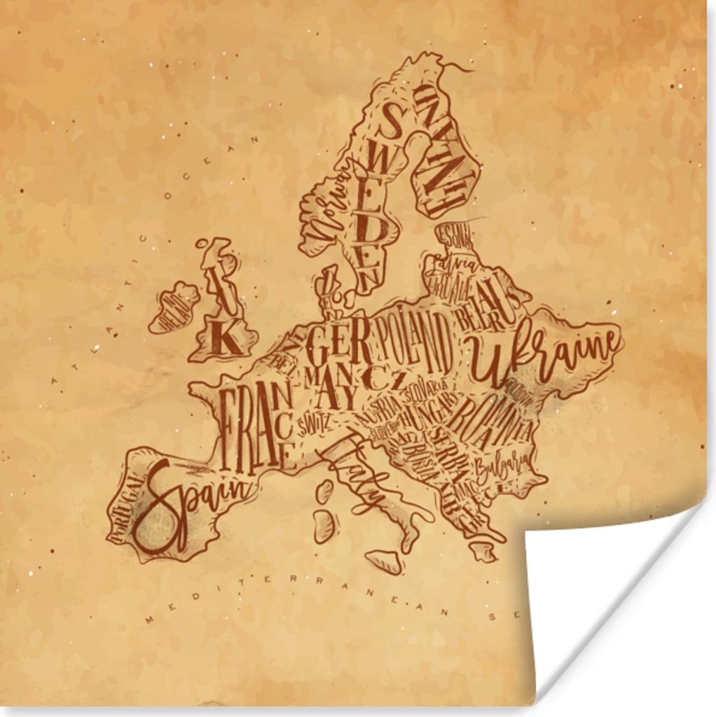 MuchoWow Poster Karte - Europa - Vintage - Braun 75x75 cm - Wand Dekoration