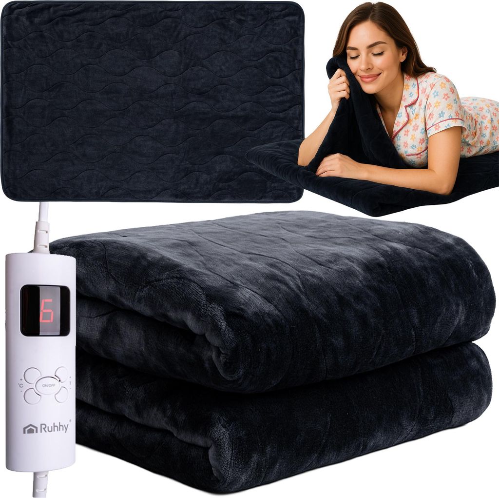 A collage showing a woman enjoying a heated blanket, a close-up of the blanket, and a folded blanket with its controller.