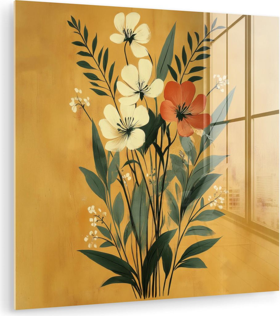 MuchoWow Glasbilder - Bilder auf Wandbild - Foto auf Glas Blätter - Blumenstrauß - Gelb 50x50 cm Wanddekoration aus Glas - Acrylglasbild - Acrylb...