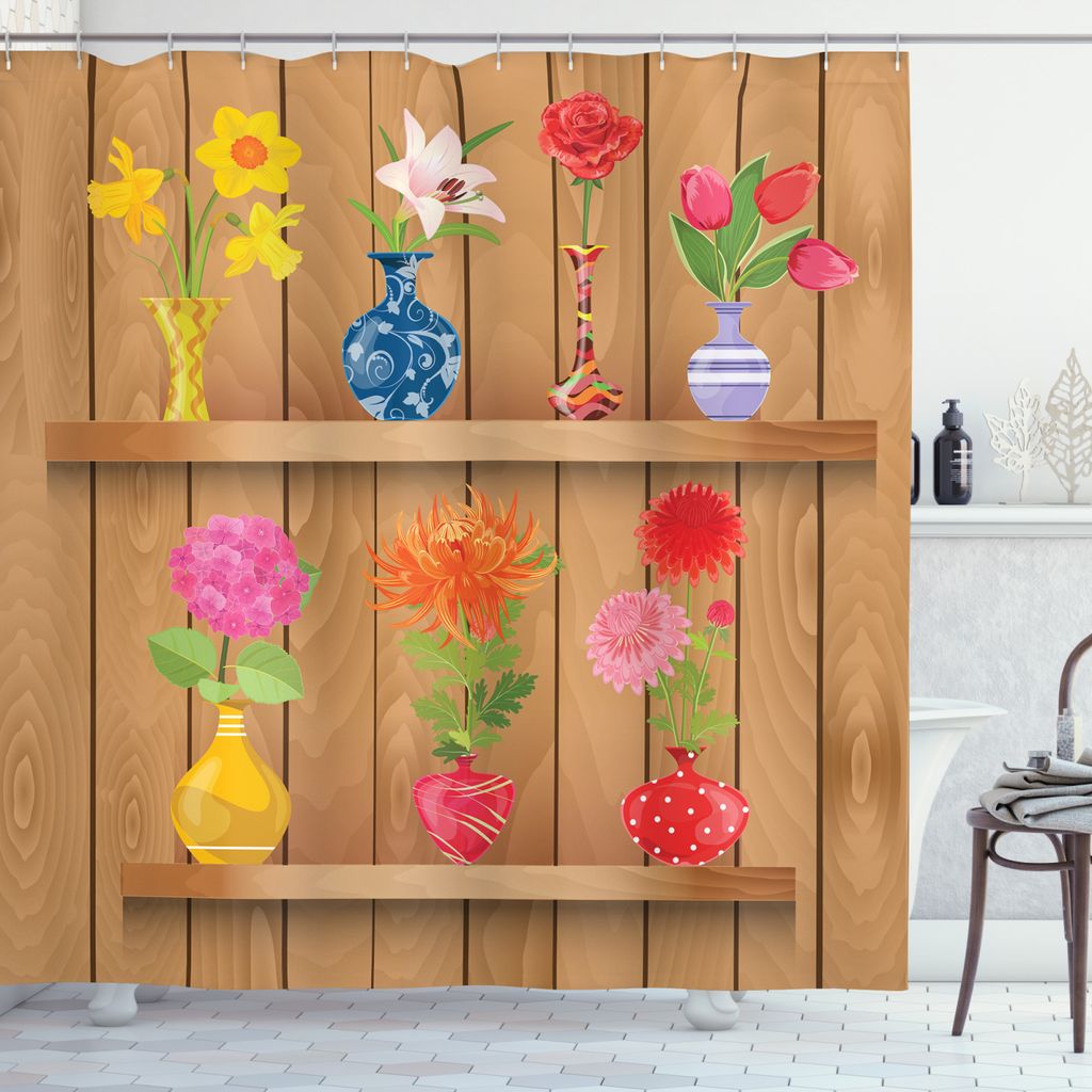 ABAKUHAUS Narzisse Duschvorhang, Cartoon Blumen in Vase, Digital auf Stoff Bedruckt inkl.12 Haken Farbfest Wasser Bakterie Resistent, 175 x 220 cm,...