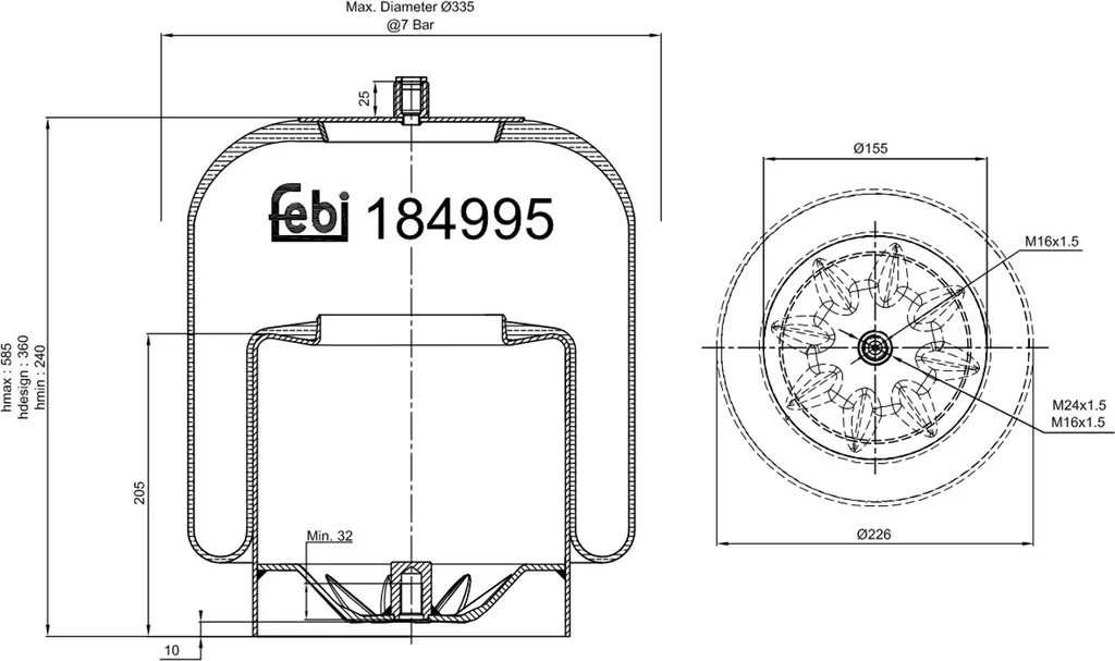 Soufflet Pneumatique Arrière 335mm FEBI 184995 pour Mercedes-Benz Actros